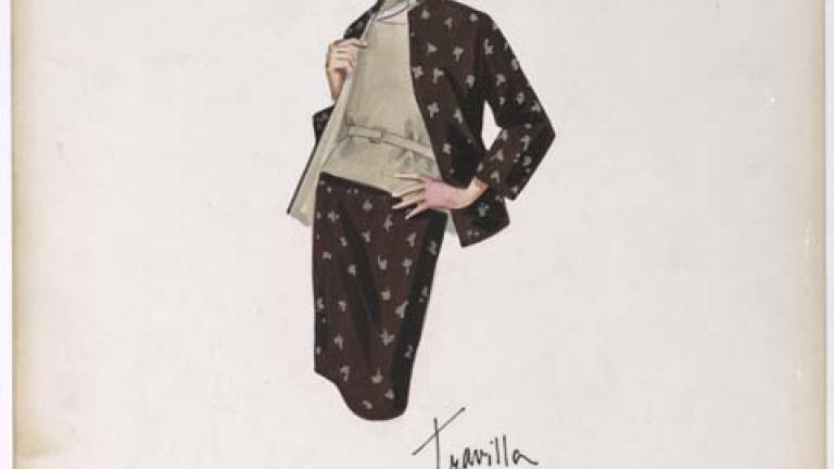 ORIGINAL COSTUME DESIGN DEPICTING A BROWN AND TAUPE SKIRT SUIT, TAUPE COLOURED BLOUSE AND NECK SCARF 