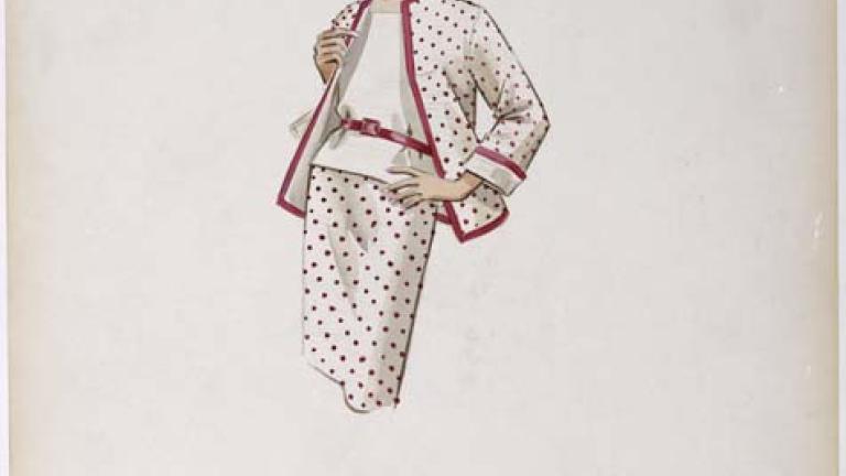 ORIGINAL COSTUME DESIGN DEPICTING A CREAM AND CERISE POLKA DOT SKIRT SUIT AND CERISE BELTED CREAM COLOURED BLOUSE