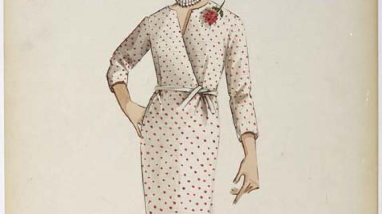 ORIGINAL COSTUME DESIGN DEPICTING A CREAM AND RED POLKA DOT DRESS WITH RED CORSAGE PINNED TO THE LEFT SHOULDER