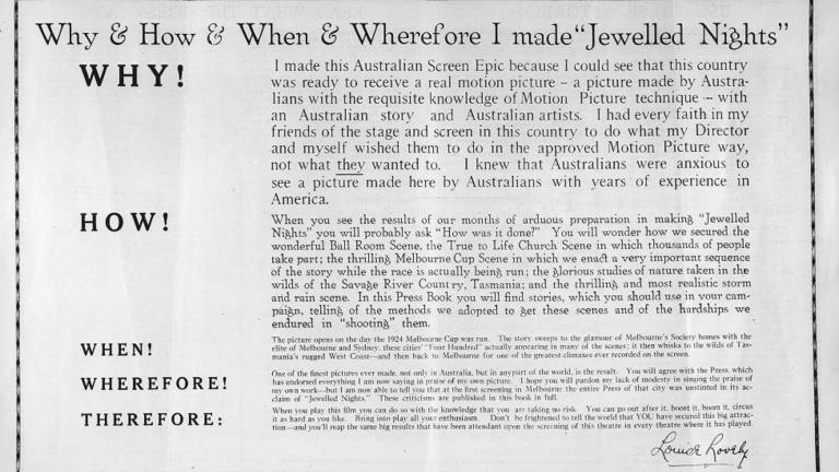 Cinema advertisement for 'Jewelled Nights'  explaining why Louise Lovely made the film.