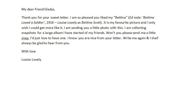 Transcript of Louise Lovely fan letter to Gladys.