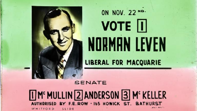  Features image of Norman Leven to the left. Text on the green background reads: 'on Nov 22nd Vote [1] Norman Leven, Liberal for Macquarie'. Other candidates listed. 