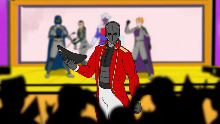Animation cell of a villainous figure standing in the middle of a theatre wearing a red with gold trim, military-style coat and he's tipping his hat towards the crowd. There are people on the stage behind him who look like superheroes.