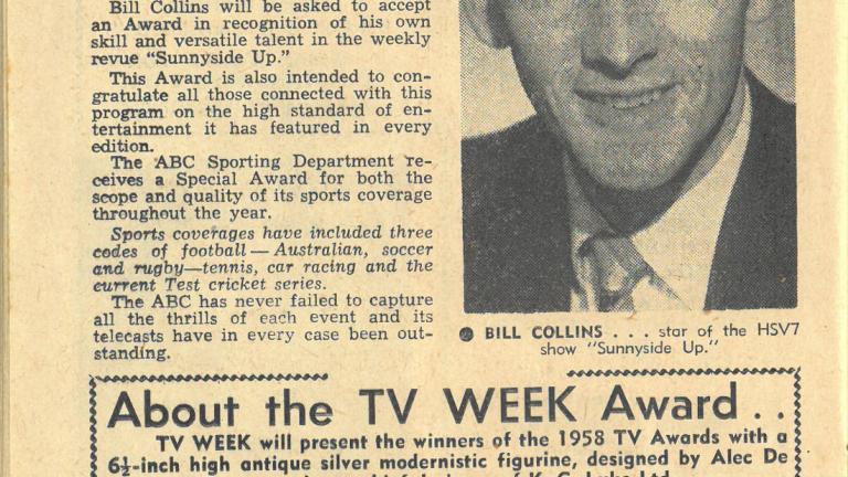 A page from TV Week magazine from January 1959. The page also features a picture of TV personality Bill Collins and a block of text. At the bottom is information about the TV Week Award.