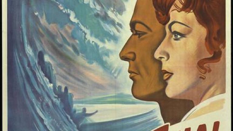 Profile of Gregory Peck and Ava Gardner.and a stylised image of a wave, people and land in the distance in different shades of blue. The film's title is in Spanish, La Hora Final in red font on the bottom of the poster.