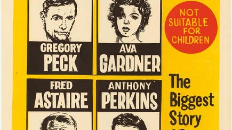  At the top is a large red square with text in white. The centre contains black and white portraits of the four main cast members, and diagonally across the bottom the title appears in black. The background is bright yellow.