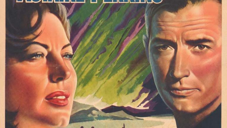 Landscape illustration of a lake with submarine. 3 figures and a green and purple sky. A woman's and man's face flank the poster. Film title in yellow at the bottom.