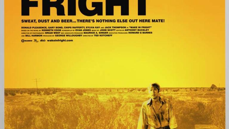 Film still in yellow tones with a man walking in a barren landscape carrying a suitcase and a rifle. Title in large black letters.