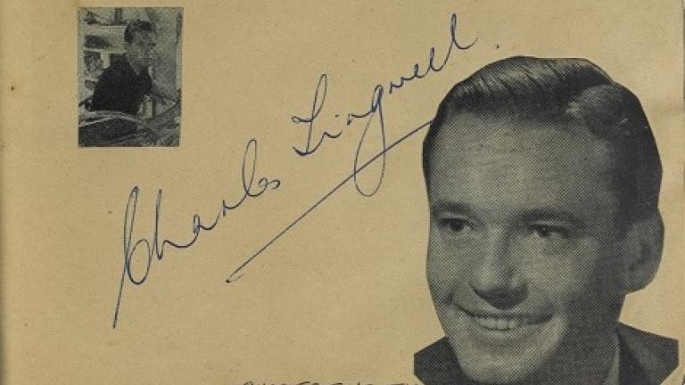 Charles Tingwell's autograph with picture cut from a magazine in Lesley Cansdell's autograph book