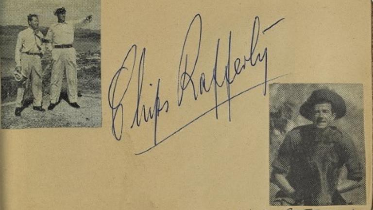 Chips Rafferty's autograph with two pitcures cut from a magazine in Lesley Cansdell's autograph book