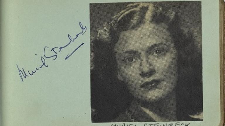 Muriel Steinbeck autograph with picture cut from a magazine in Lesley Cansdell's autograph book
