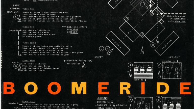 An LP cover with a lot of small white writing and diagrams against a black background. Across the bottom third in large orange and yellow block letters is the title 'BOOMERIDE'.