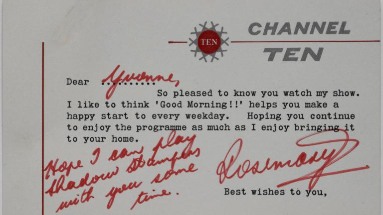 Typed and handwritten message from Rosemary Eather to a fan on a Channel Ten card.