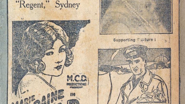 Page from an old scrapbook showing newspaper advertisements for a movie theatre from the 1920s.