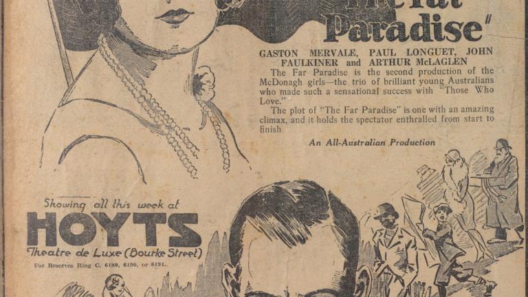 An old newspaper ad for a cinema showing a drawing of a woman's face in front of an Australian flag at the top and a sinister-looking man at the bottom of the page.