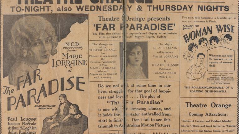 An old newspaper ad for a cinema showing various text articles and advertising listings among a drawing of a woman's face, a photo of a young actress and a drawing of a couple sitting on a sofa.