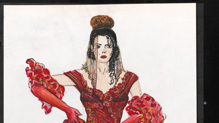 Costume designer sketch of red flamenco dress with fabric swatches