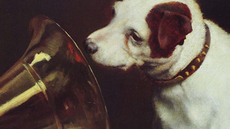 Detail from a painting of the mascot terrier Nipper listening to a gramophone
