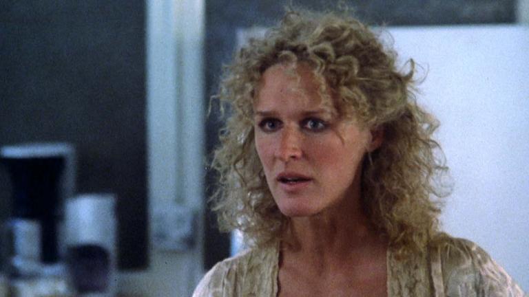 Glenn Close in Fatal Attraction looking intently at someone off camera
