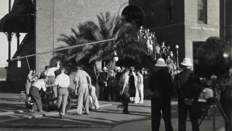 A film crew in front of the Ladies Pavilion at the Sydney Cricket Ground
