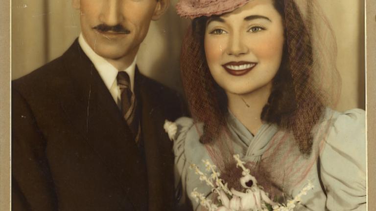 Hand tinted wedding photo of Betty Bryant with Maurice Silverstein