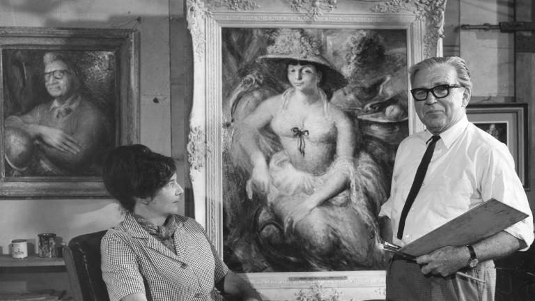Painter William Dobell standing next to his portrait of Margaret Olley with a woman seated.