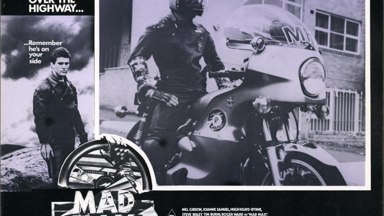 Lobby card for Mad Max shows Goose (Steve Bisley) astride his motorbike.