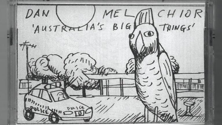 Cassette cover featuring a crude drawing of a cockatoo and a police car in the suburbs. Text reads: Dan Melchior. Australia's Big Things.