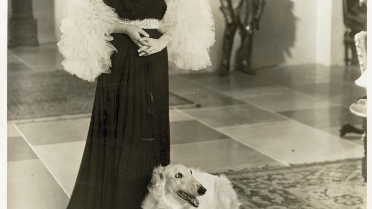 A woman wearing a formal dress stands in a large lobby. At her feet lies a  white borzoi hound.