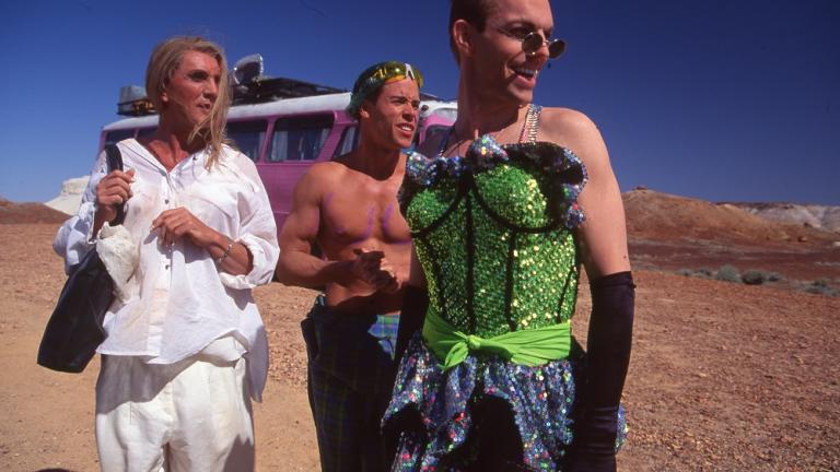 Terence Stamp, Guy Pearce and Hugo Weaving on the set of Priscilla.
