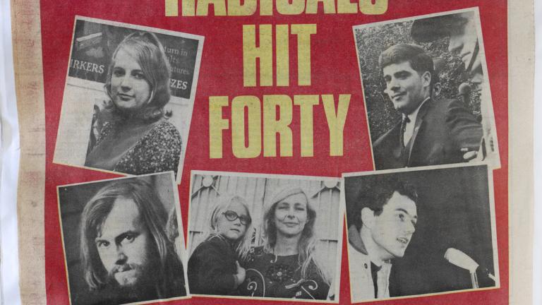 Front page of The National Times newspaper from December 1984 which has a headline that reads 'The Radicals Hit Forty'. There are a number of young men and women pictured on the front, including Simon Townsend.