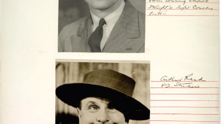 Page from a Cinesound Casting book showing 2 photographs of young men striking different poses. One is gurning at the camera.