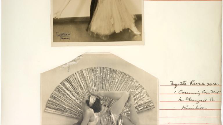 Page from a Cinesound Casting book showing multiple photographs of a young women striking different poses