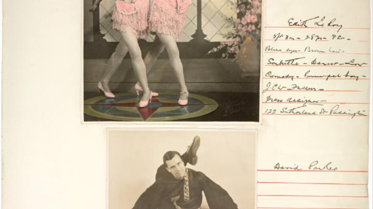 Page from a Cinesound Casting book showing 2 photographs. One of 2 girls dancing. Another of of a male contortionist