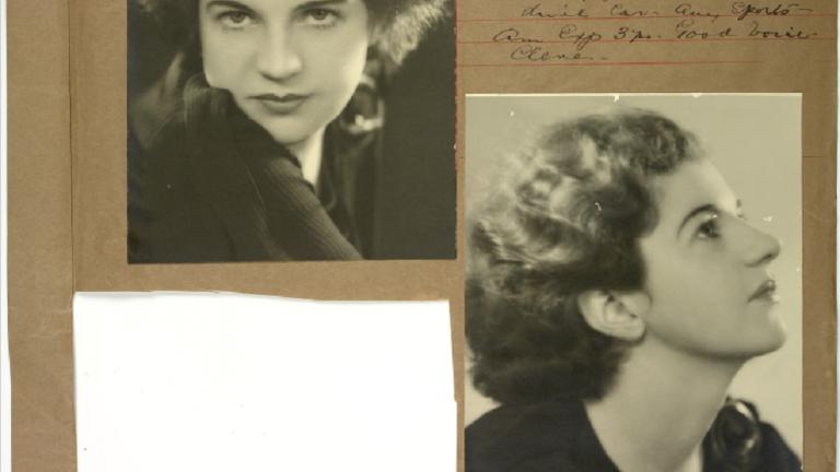 Page from a Cinesound Casting book showing 2 photographs of a young woman striking different poses