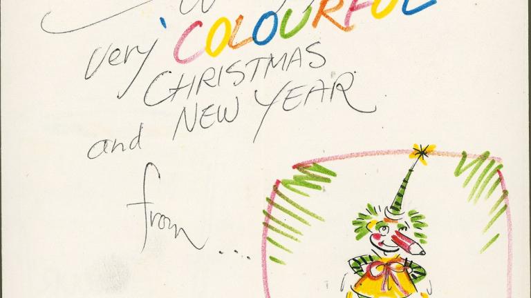 The word 'colourful' is in multiple colours on this handmade Christmas card also featuring Mr Squiggle