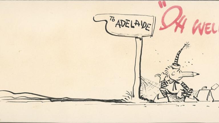 Red and black card showing Mr Squiggle hitchhiking next a sign saying, 'To Adelaide'