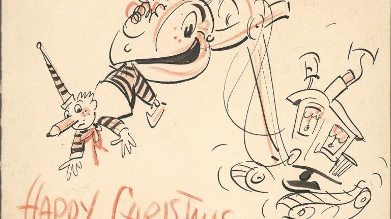 Handmade Christmas card shows a cartoon steam shovel holding another character in its mouth