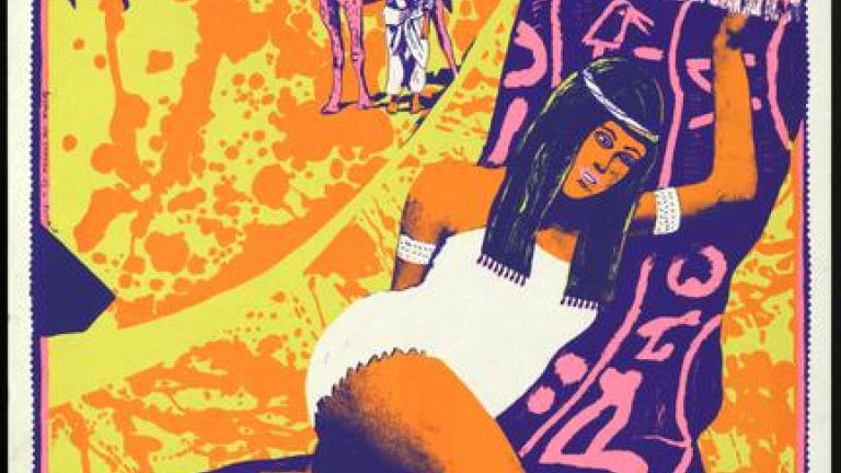 Bright pink, yellow, orange and purple on white poster. Features an image of an Egyptian woman reclining on a rug, a man with a camel in the background. Text: Mental as Anything, Egypt.