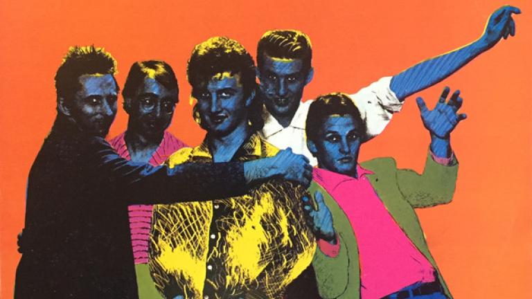 Mental As Anything 'Get Wet' album cover showing the band in lurid colours against an orange background.