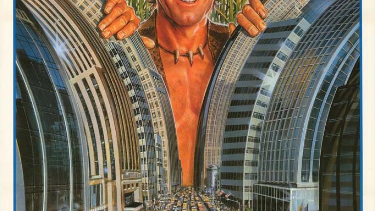 Japanese film poster for Crocodile Dundee showing Mick Dundee smiling as he parts New York City skyscrapers with his hands