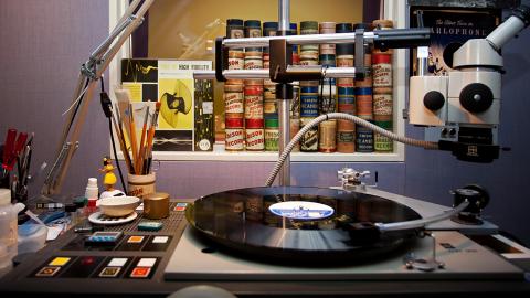 A record player and wax cylinders in the Audio Services section of the NFSA