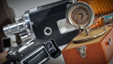 Close up of vintage cameras and sound equipment