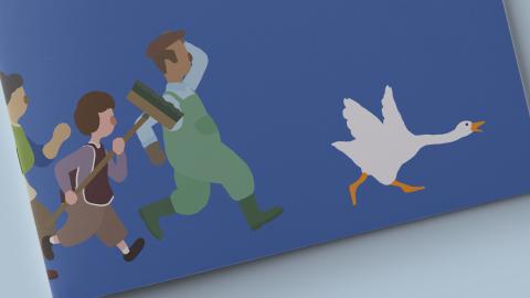 Detail of the Collection Policy cover showing characters running after a white goose in the Untitled Goose Game video game