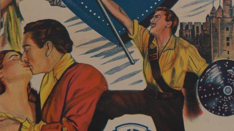 Section of a film poster featuring a drawing of Errol Flynn from The Master of Ballantrae