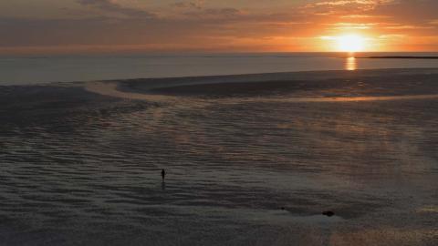 A distant figure walks across a sandflat at sunset.