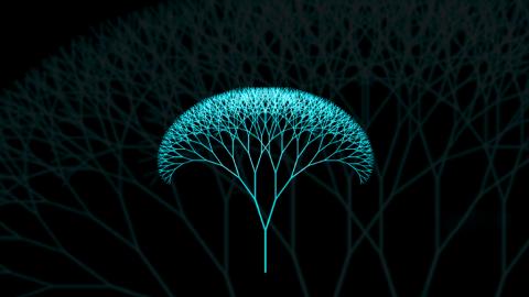 The Fantastic Futures conference logo featuring a green tree with branches lifting upwards and outwards against a black background