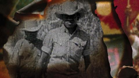 Detail from the poster for the film WINHANGANHA showing an archival photo of two First Nations men wearing collared shirts and bush hats. The edges of the black-and-white photo is curled up as if on fire, and the collage also features fire and the red, yellow and black colours of the Aboriginal flag