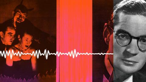 A radio wave form overlaid on two images - on the left are some frightened people with the devil looking over their shoulder and on the right is a close up of a man wearing glasses.