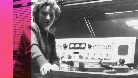 Radio personality Nina Valentine at a mixing desk in a radio studio